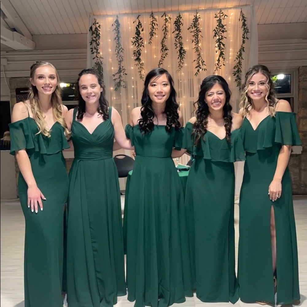 Forest green off the shoulder bridesmaid dress